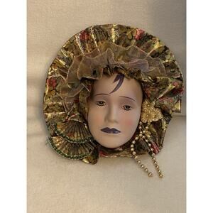 VTG NOLA Mardi Gras CERAMIC Fashion LADY Head/Face Gold Rose Pearl WALL DECOR